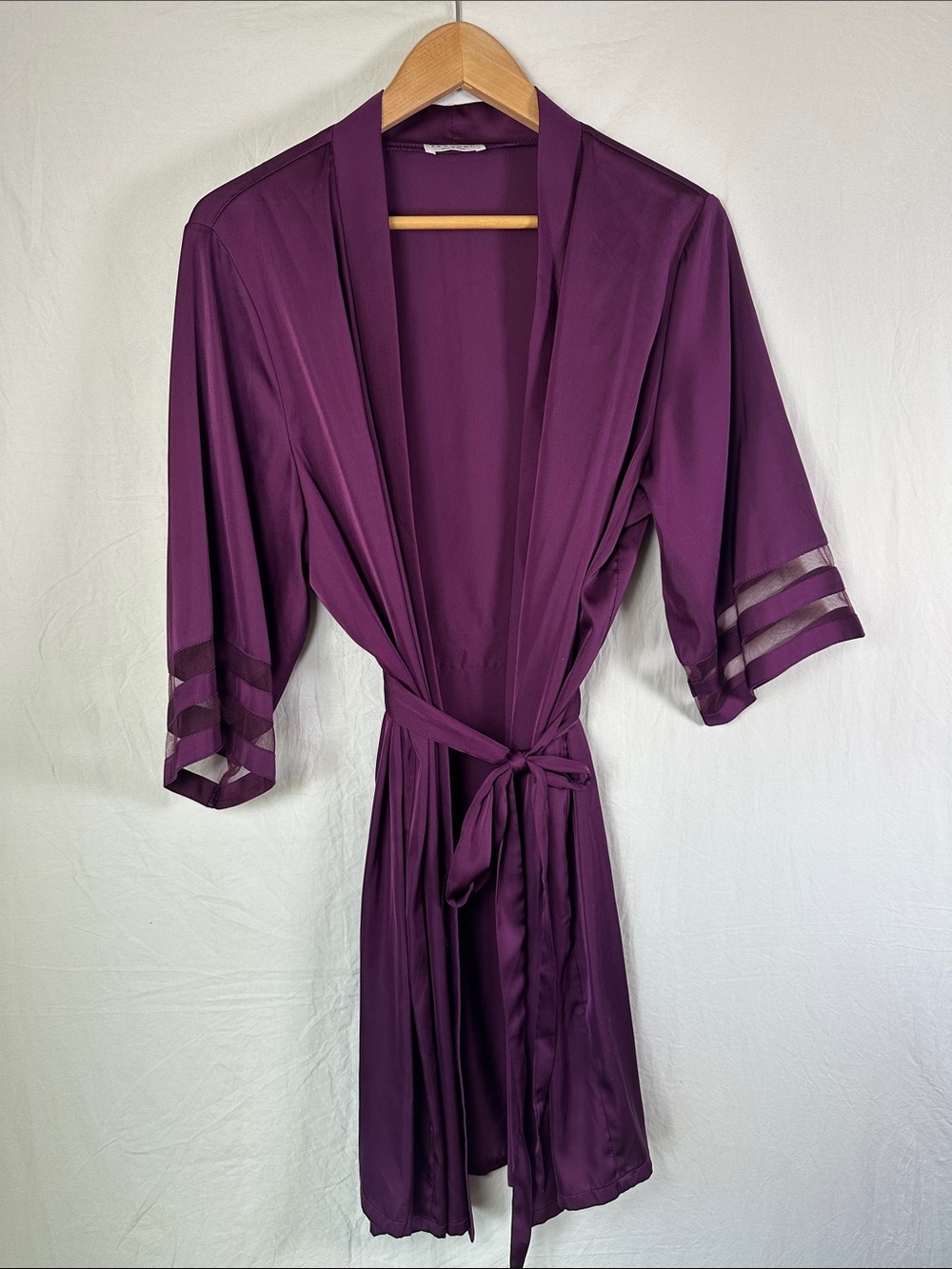 Plum Satin Kimono Robe with Sheer Sleeve Bands